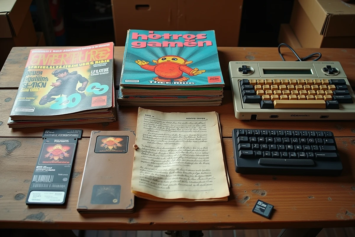 Collection d'objets rétro liés au jeu vidéo et aux forums JVC des années 2000 posés sur une surface en bois, incluant magazines, clavier vintage et imprimés de forums