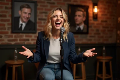 Femme blonde rieuse sur scène de comedy club à Paris
