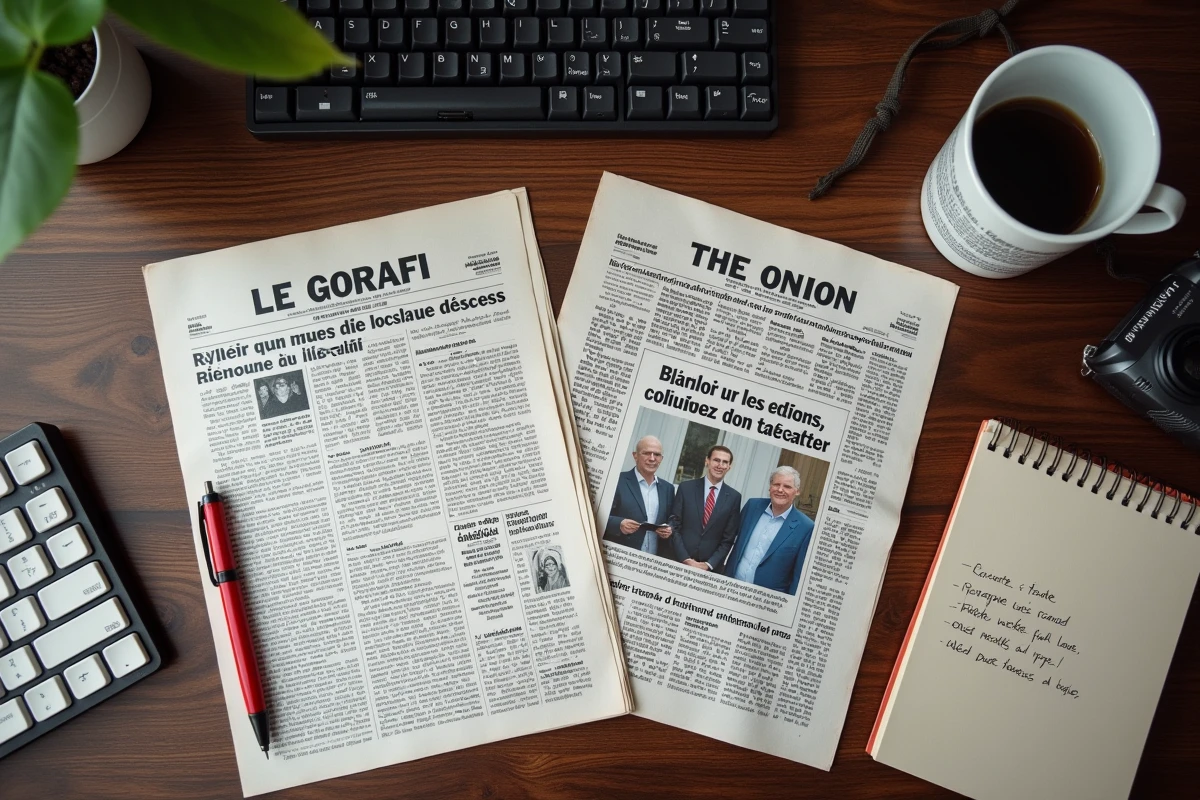 Vue aérienne d'un bureau avec des articles imprimés du Gorafi et de The Onion comparés côte à côte