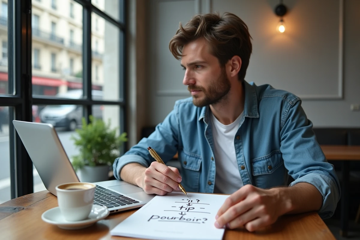 Homme comparant les termes tip en anglais et pourboire en français sur un carnet dans un café parisien moderne