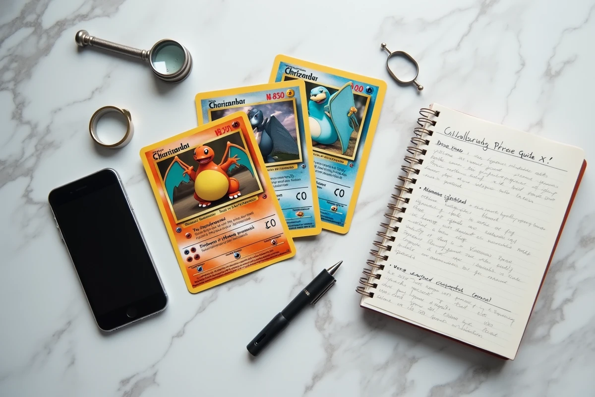Vue à plat de cartes Pokémon Dracaufeu rares avec smartphone loupe et guide de prix pour comparaison de plateformes