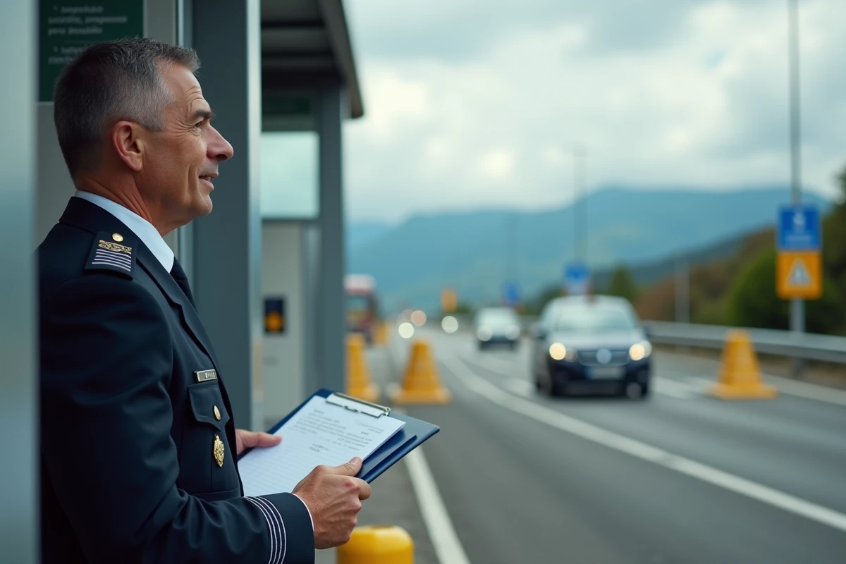 Agent des douanes français contrôlant un véhicule au poste frontière de retour d'Andorre avec queue de voitures