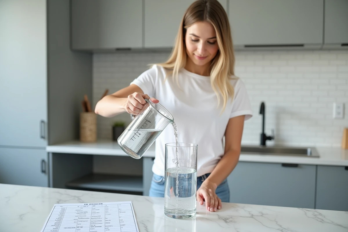 Femme versant 600 ml d'eau dans une cruche avec tableau de conversion litres affiché sur le plan de travail