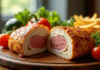 Cordon bleu tranché avec légumes et frites dorées