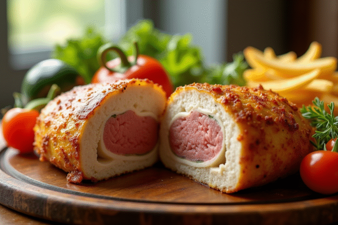 Cordon bleu tranché avec légumes et frites dorées