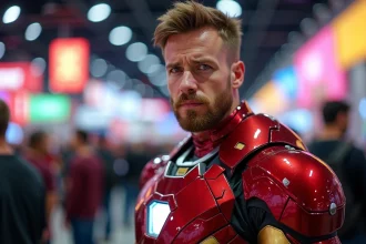 Cosplayer en costume Iron Man Fortnite Marvel lors d'une convention de jeux vidéo