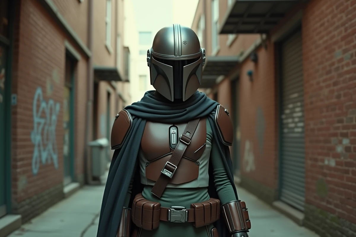 Cosplayeuse en armure Mandalorian du crossover Fortnite Star Wars dans une ruelle urbaine