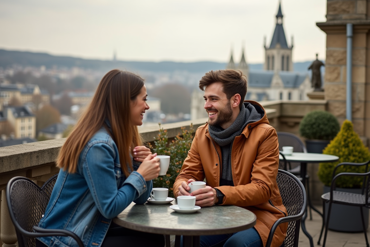 Jeune couple dégustant un café sur la terrasse de Reims
