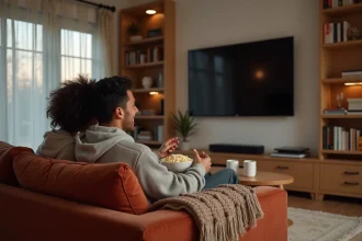 Couple assis sur un canapé velours regardant la télévision ensemble l'après-midi avec du popcorn