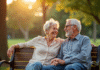 Couple celebre age assis sur un banc ensoleille dans un parc