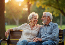Couple celebre age assis sur un banc ensoleille dans un parc