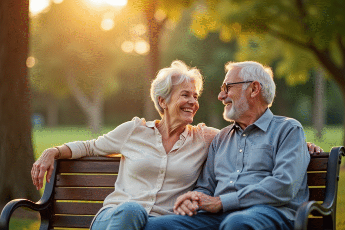 Couple celebre age assis sur un banc ensoleille dans un parc