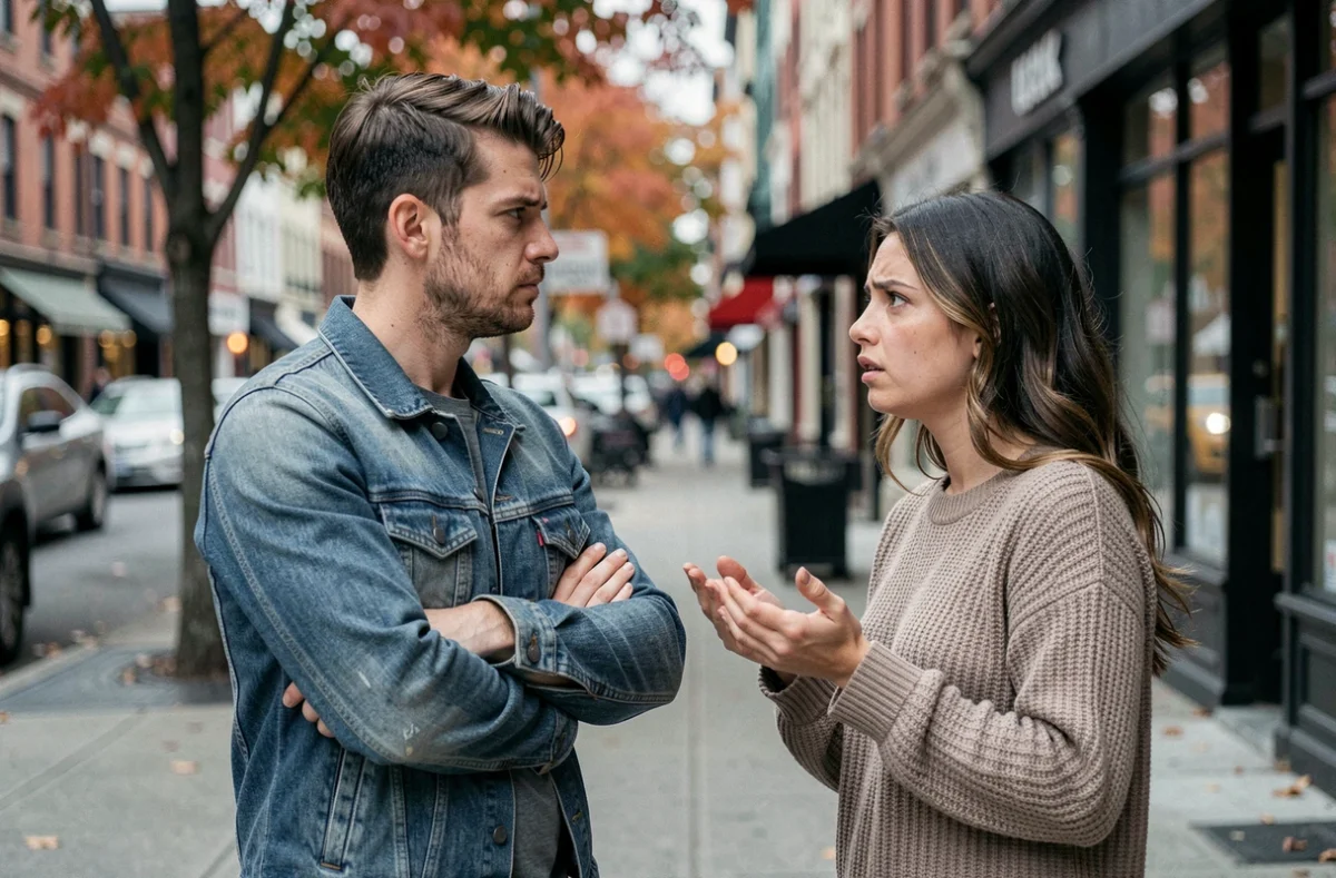 Couple en conflit dans la rue, l'homme détournant le regard avec indifférence pendant que la femme cherche une explication, représentant le comportement goujat dans une relation amoureuse