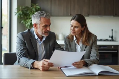 Couple d'adultes en réunion immobilière dans une cuisine moderne