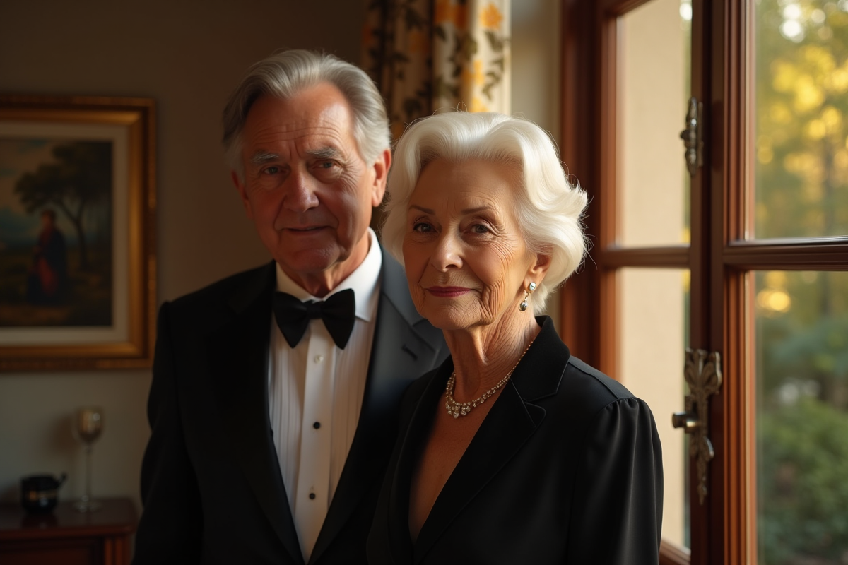 Couple age en tenue elegante près d une grande fenetre à la maison