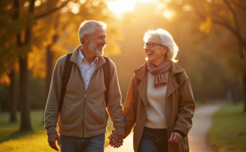 Couple d'âge moyen souriant dans un parc ensoleillé