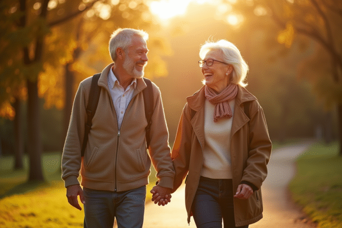 Couple d'âge moyen souriant dans un parc ensoleillé
