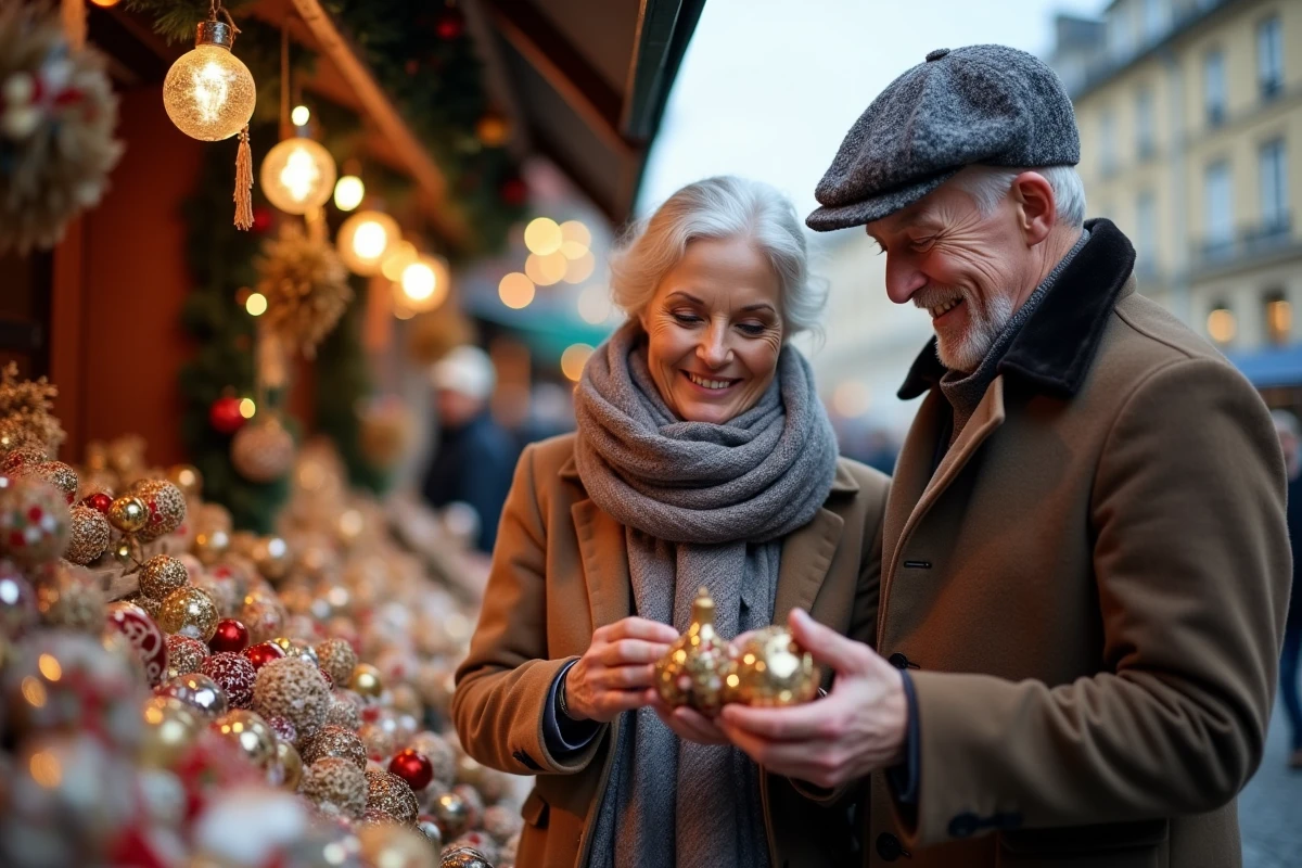 Couple examine des ornaments de Noël dans un marché lyonnais
