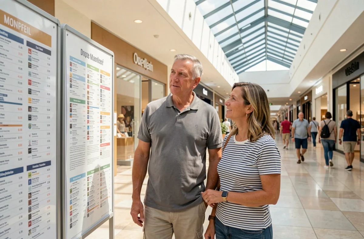 Couple consultant le plan d'un centre commercial de Montpellier ouvert le dimanche
