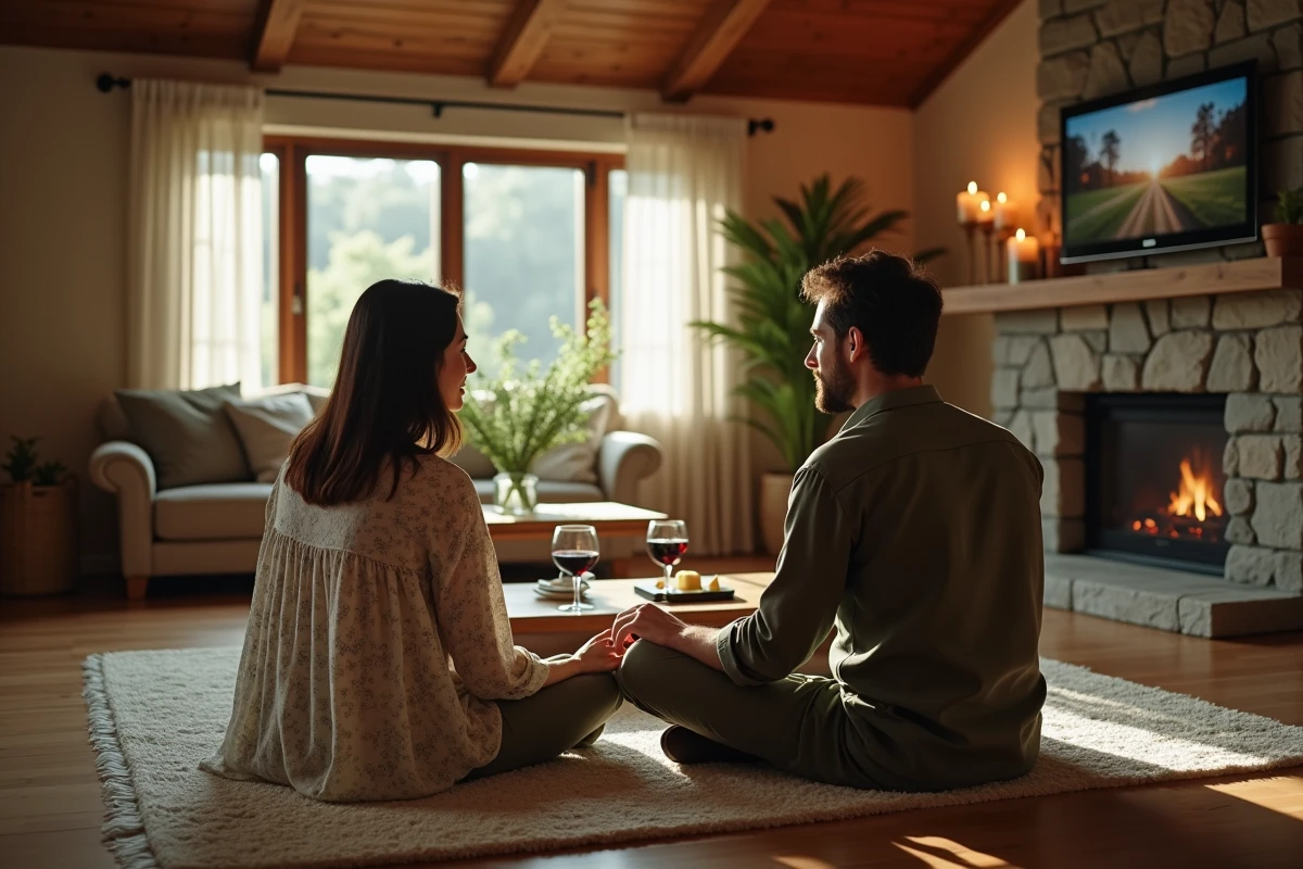 Couple d'âge mûr assis sur un tapis regardant la télévision avec un plateau de fromages et du vin rouge
