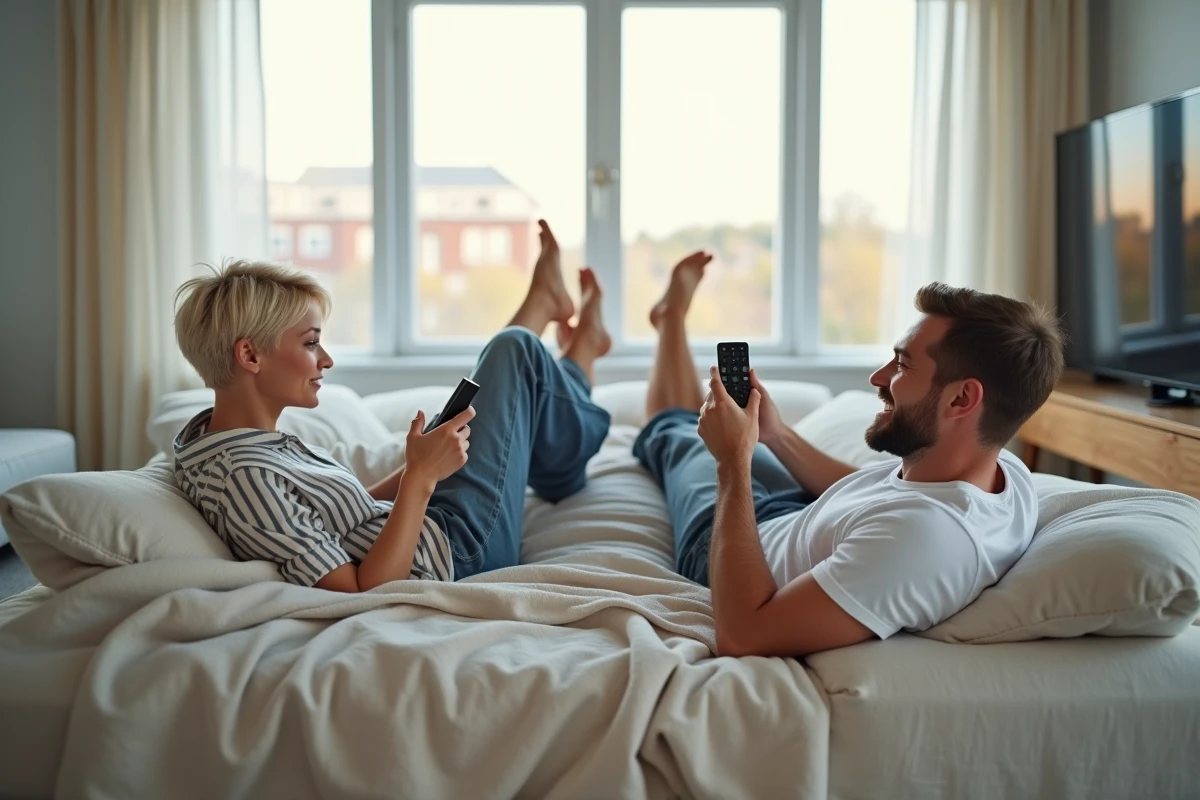 Couple allongé sur un lit de repos en appartement scandinave se disputant la télécommande avec le sourire