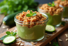 Crème de courgettes dans des pots en terre cuite avec herbes fraîches