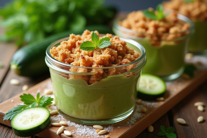 Crème de courgettes dans des pots en terre cuite avec herbes fraîches