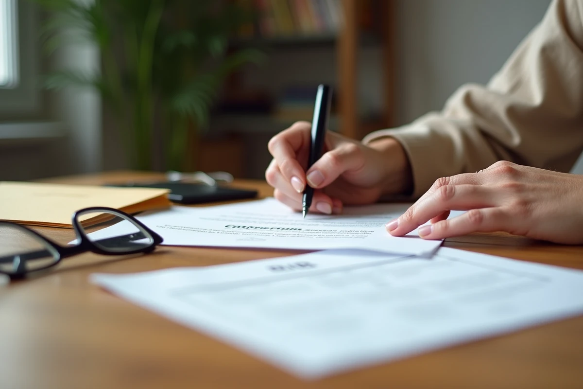Mains rédigeant un courrier de résiliation de prélèvement automatique avec documents bancaires