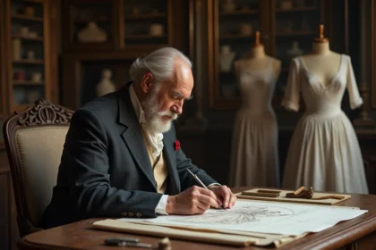 Couturier âgé dessinant des robes dans un atelier ancien