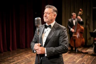 Chanteur crooner américain en smoking charbon devant un micro vintage dans un club de jazz classique