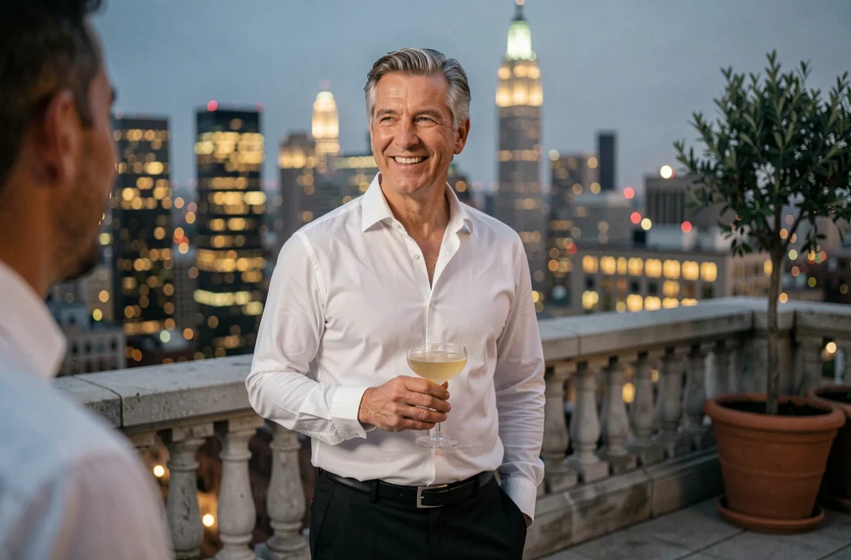 Crooner américain élégant sur une terrasse de toit à New York avec vue sur les gratte-ciels en arrière-plan
