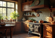 Vintage et efficace : le retour en force du poêle en fonte Cuisinière en fer forgé dans une cuisine vintage chaleureuse