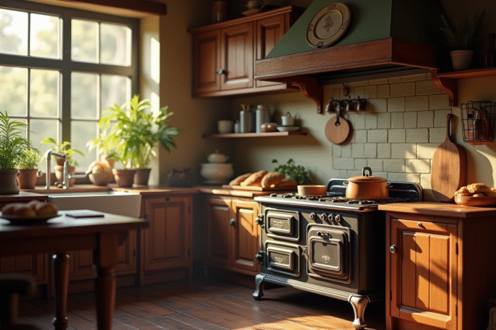 Cuisinière en fer forgé dans une cuisine vintage chaleureuse