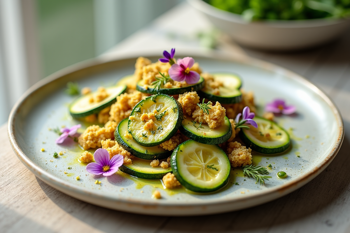 Courgettes sautées et crumble avec fleurs comestibles dans une cuisine lumineuse