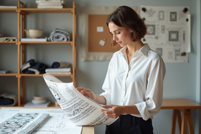 Designer textile femme examine un tissu dans un studio lumineux