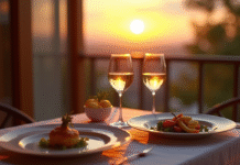 Table romantique au coucher de soleil pour deux avec vin blanc
