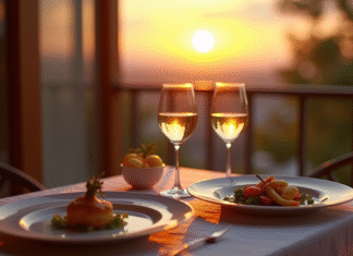 Recettes de dîner romantiques pour vos 14 ans de mariage Table romantique au coucher de soleil pour deux avec vin blanc
