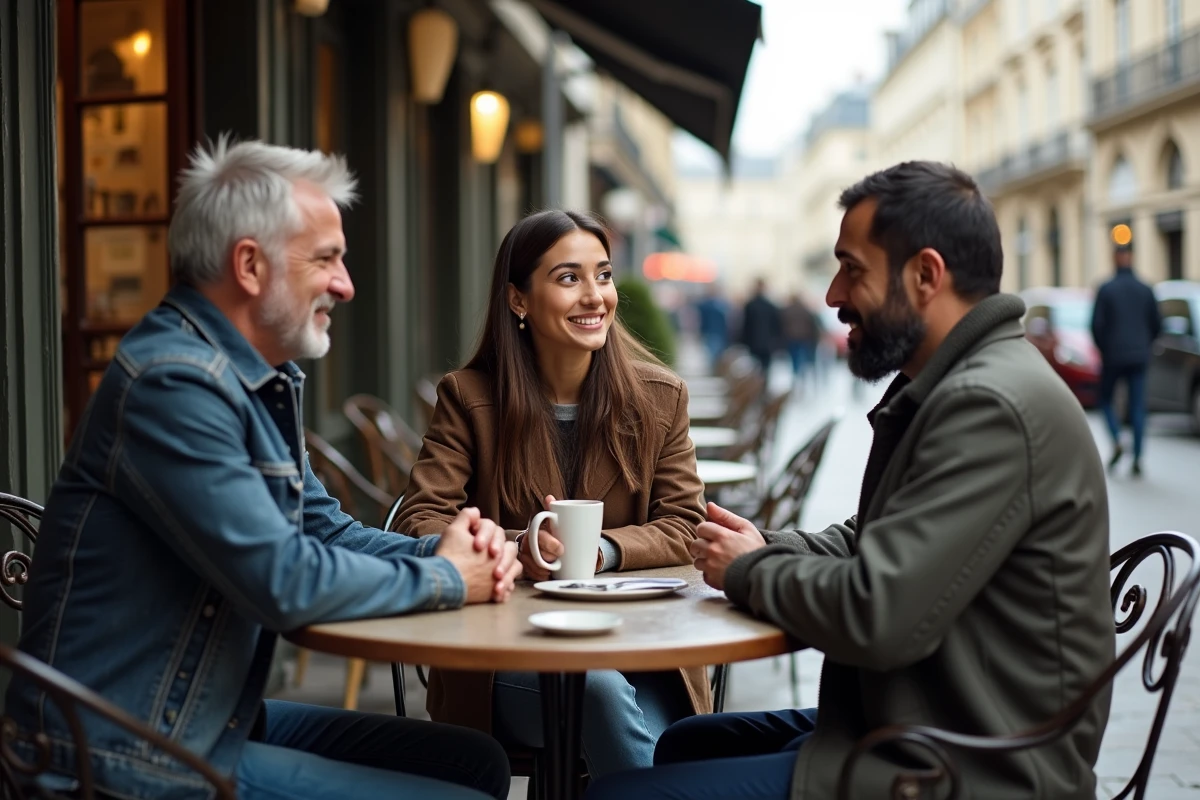 Groupe de personnes aux couleurs d'yeux différentes dans un café parisien, illustrant la diversité génétique des couleurs d'iris à travers le monde
