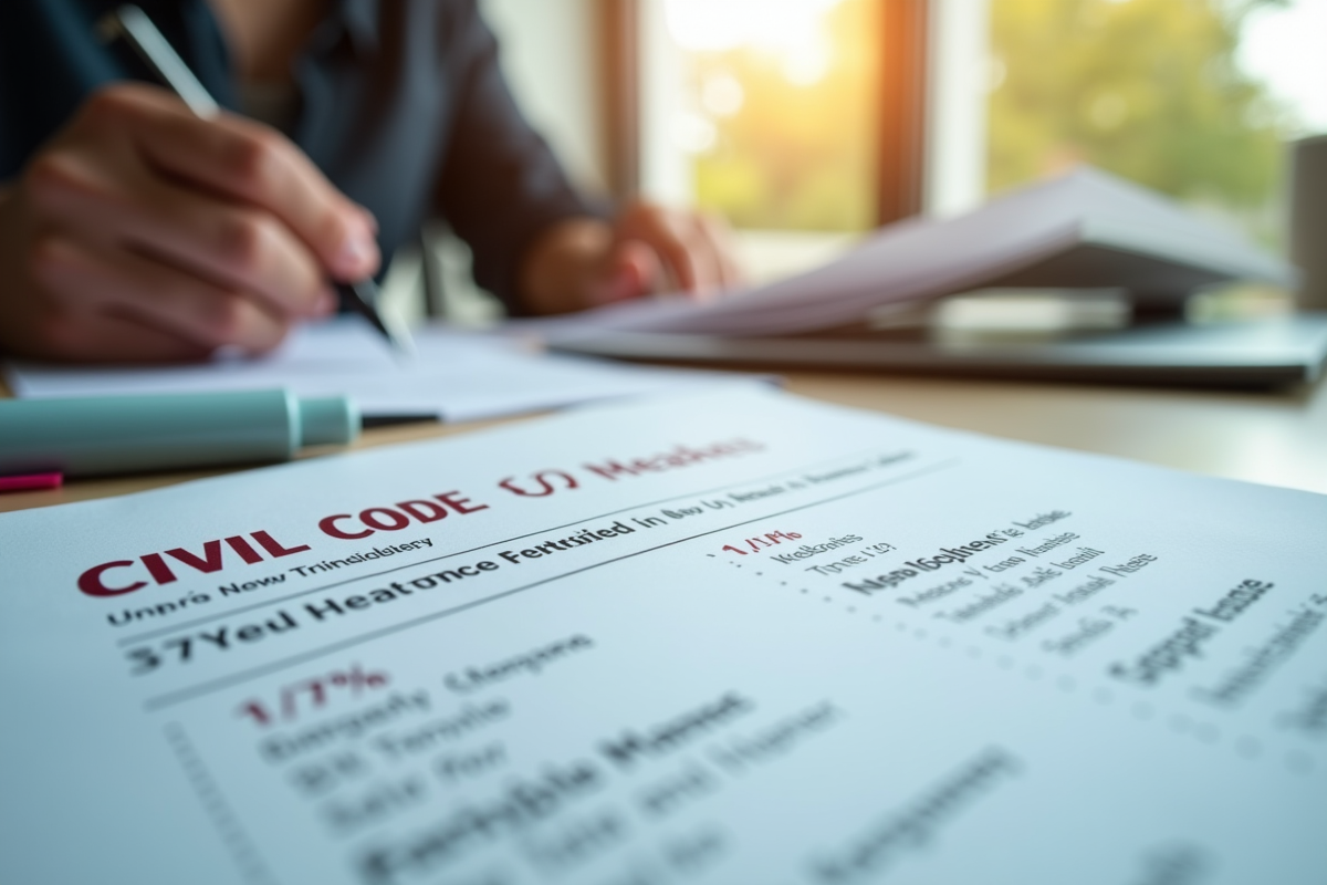 Documents de code civil annotés dans un espace de travail lumineux