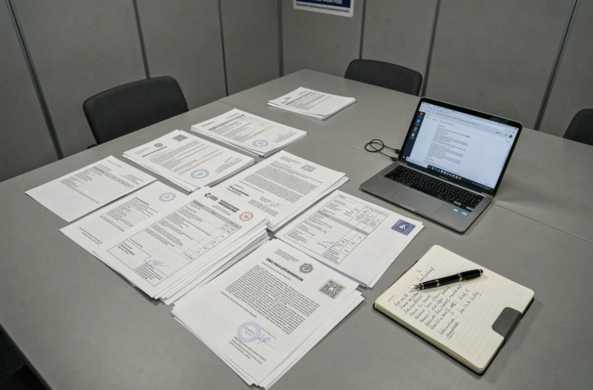 Documents publics administratifs et rapports officiels étalés sur une table de réunion institutionnelle avec ordinateur et notes manuscrites