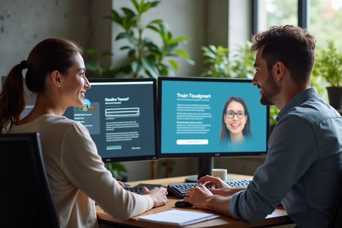 Deux adultes comparant les options de compte snoki et de jeu en invité sur des écrans d'ordinateur dans un espace de travail moderne