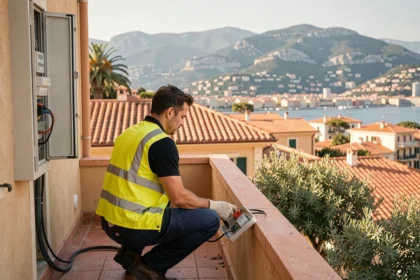 Électricien d'urgence intervenant sur un tableau électrique extérieur dans les Alpes-Maritimes avec vue sur les toits méditerranéens