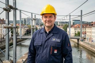 Électricien professionnel devant le panorama de Tours avec la Loire en arrière-plan
