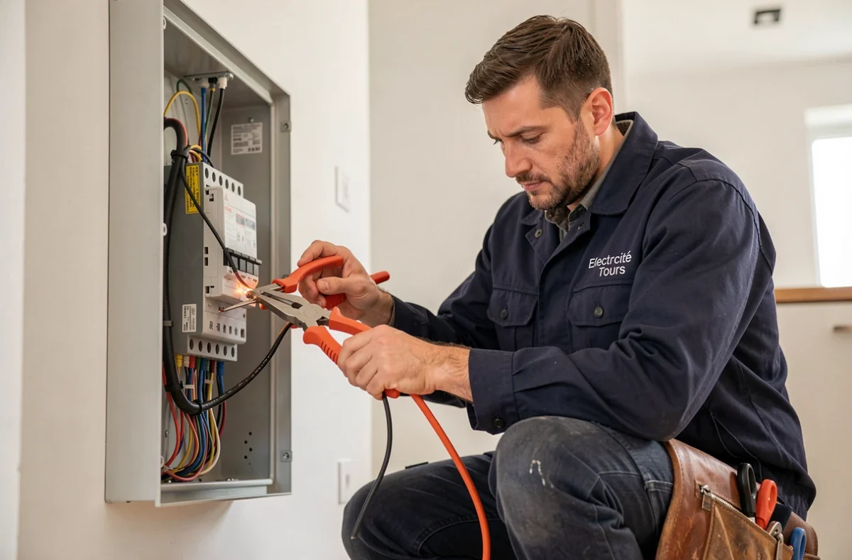 Technicien d'Electricité Tours travaillant sur un tableau électrique dans un appartement résidentiel