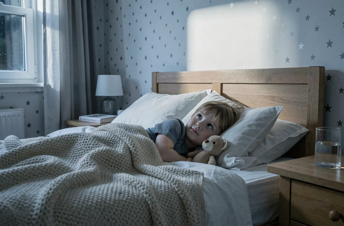 Enfant éveillé dans son lit regardant la lumière de la pleine lune traverser la fenêtre de sa chambre