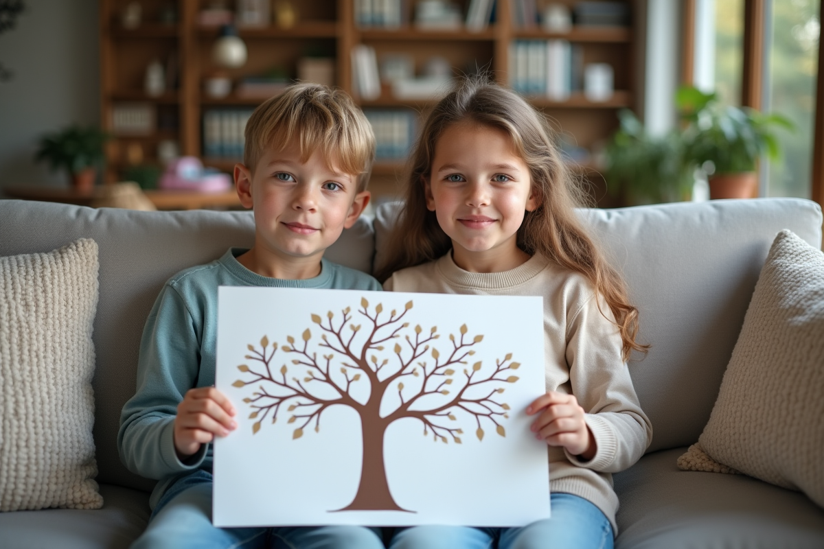 Deux enfants regardant un arbre généalogique dans un salon moderne