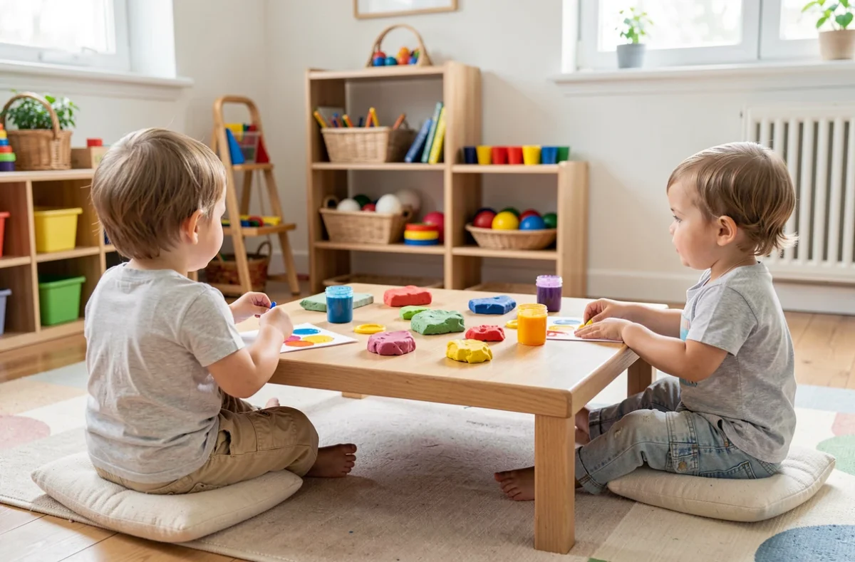 Enfants de deux à trois ans autour d'une table de peinture et de pâte à modeler