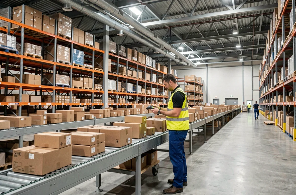 Entrepôt logistique moderne avec convoyeurs de colis et employé scannant des paquets en transit