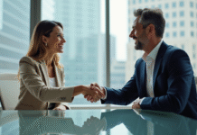 Collaboration entre marques : fonctionnement et avantages expliqués Deux professionnels d'affaires se serrent la main dans un bureau moderne