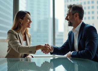 Collaboration entre marques : fonctionnement et avantages expliqués Deux professionnels d'affaires se serrent la main dans un bureau moderne